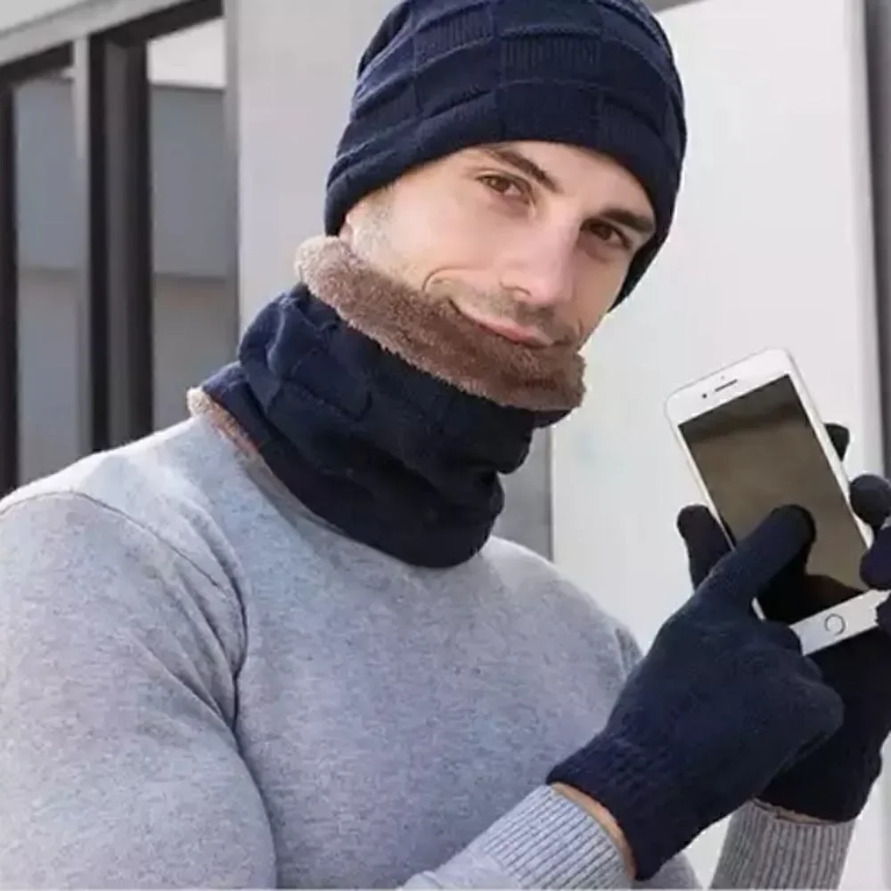 Brand New Winter Men Knit Beanie Hat with Neck Warmer Scarf  Set 2-Piece